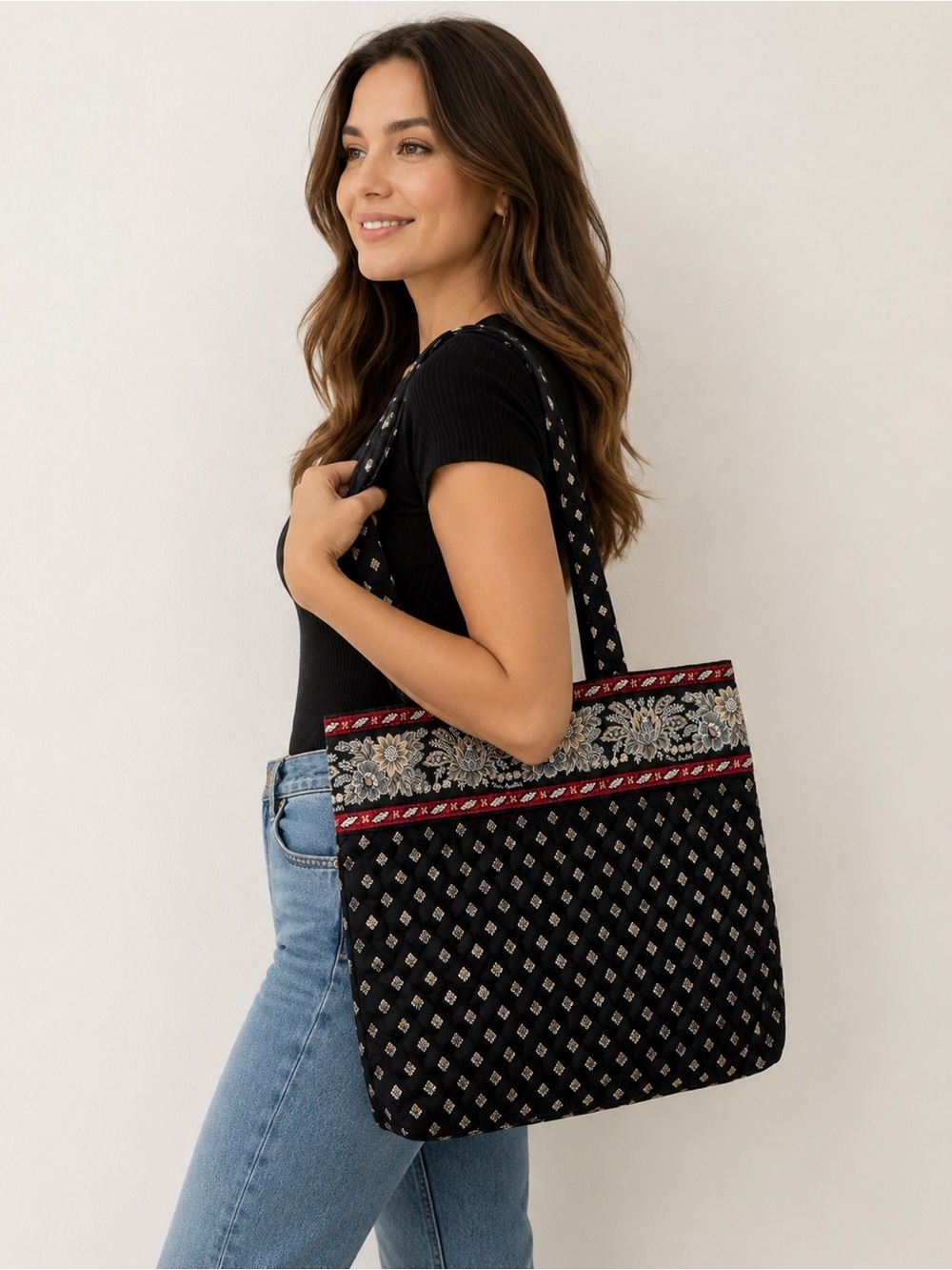 Vera Bradley Quilted Tote Bag Black Floral Print Shoulder Bag Large Cotton